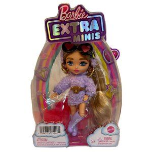New Barbie Extra Minis Doll 6” Purple Outfit Accessories+Doll Stand+Sunglasses